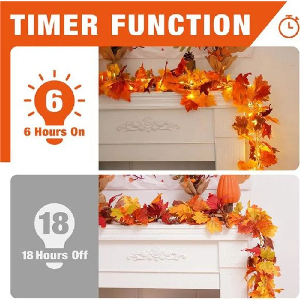 2 Pack Fall Maple Garland with 40 LED String Light- 5.8ft/Piece